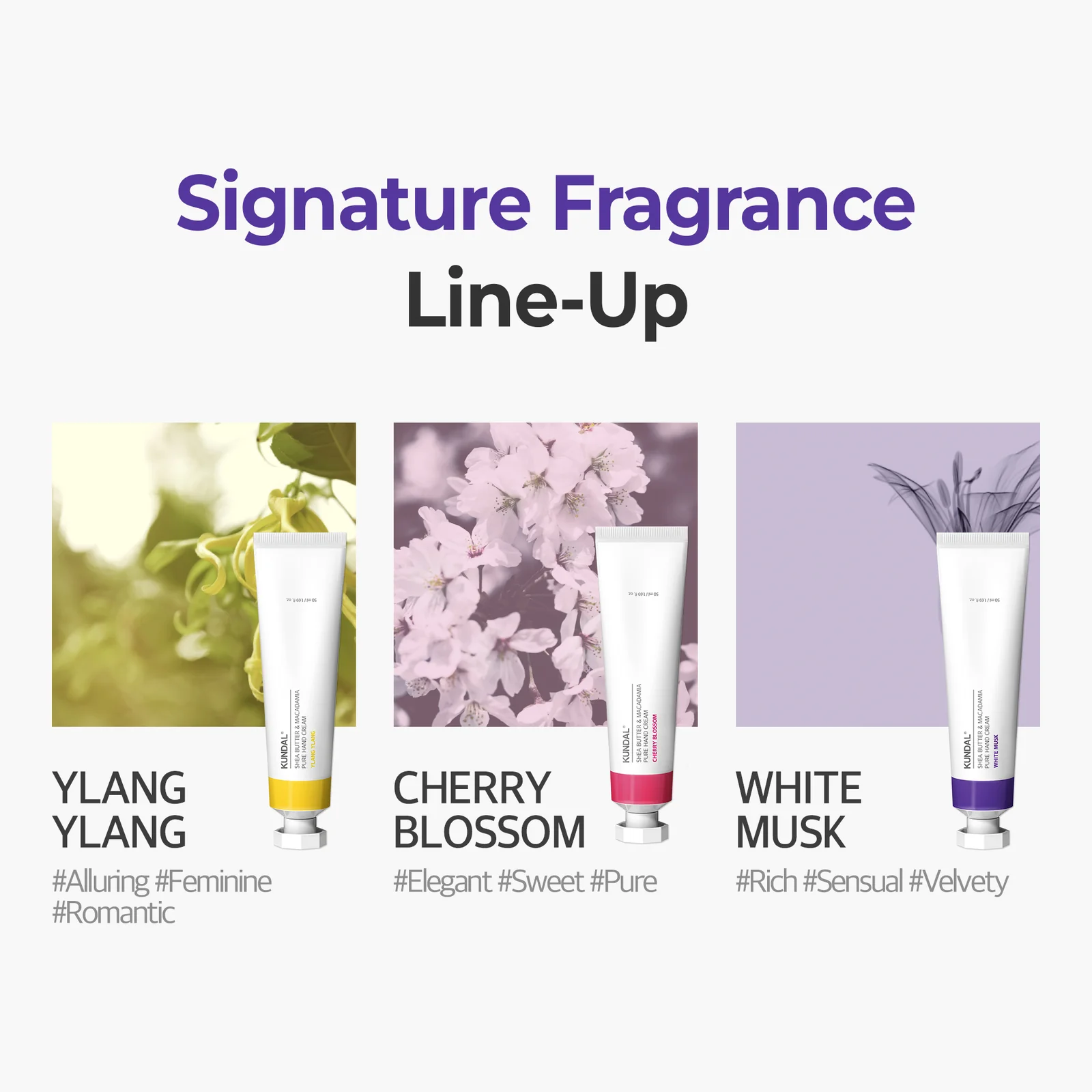 KUNDAL SIGNATURE PERFUMED HAND CREAM TRIO 50ML*3 - WHITE MUSK, CHERRY BLOSSOM, YLANG YLANG