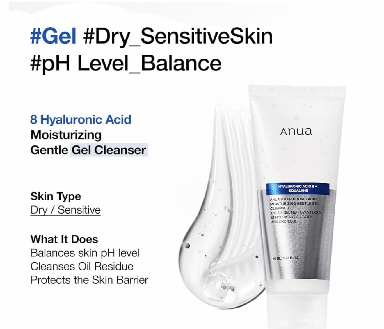 ANUA 8 HYALURONIC ACID MOISTURIZING GENTLE GEL CLEANSER